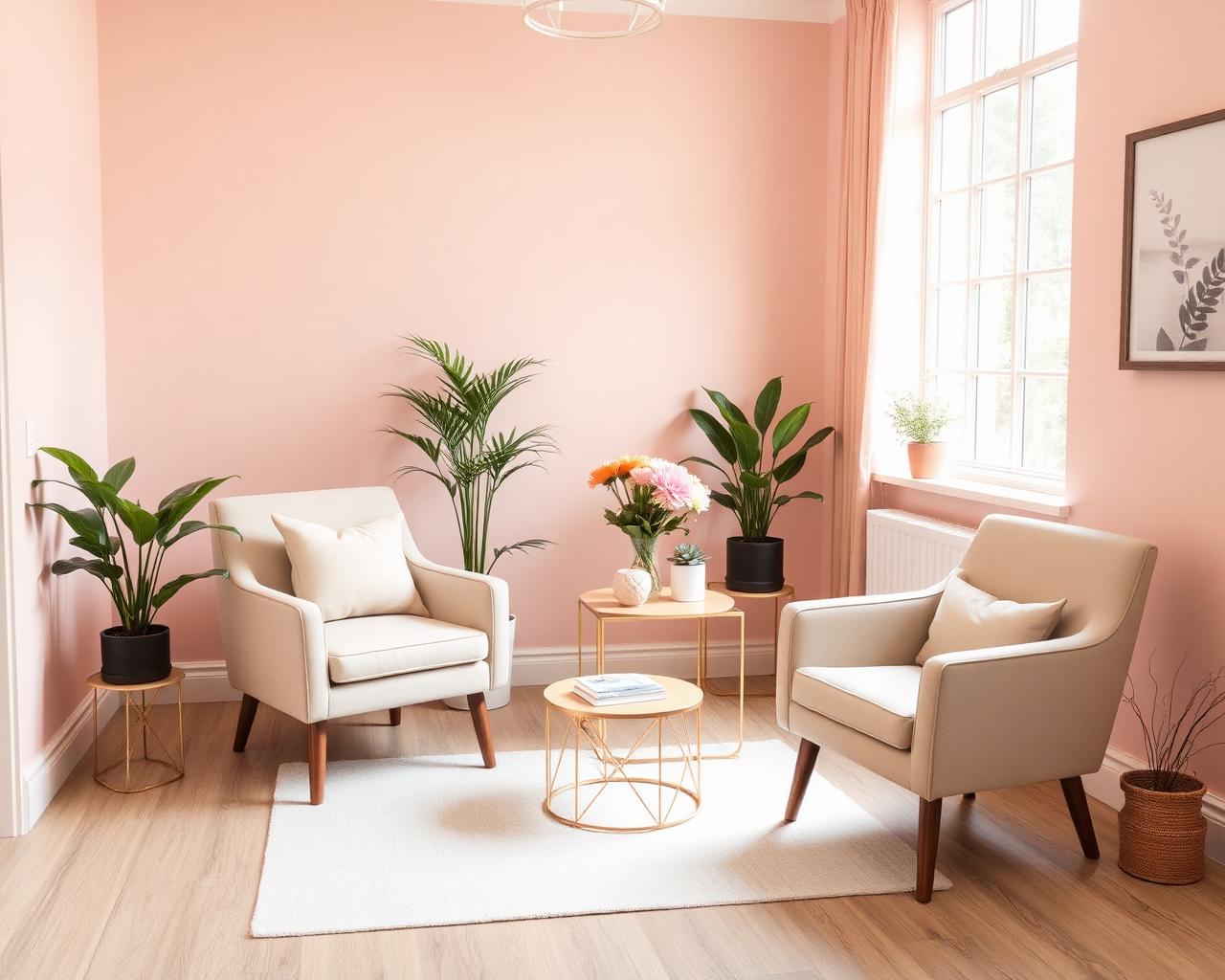 Peaceful consultation space with soft chairs and fresh flowers