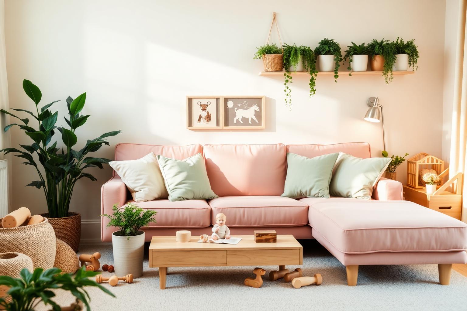 Warm, welcoming playroom with soft blush sofa and sage accents